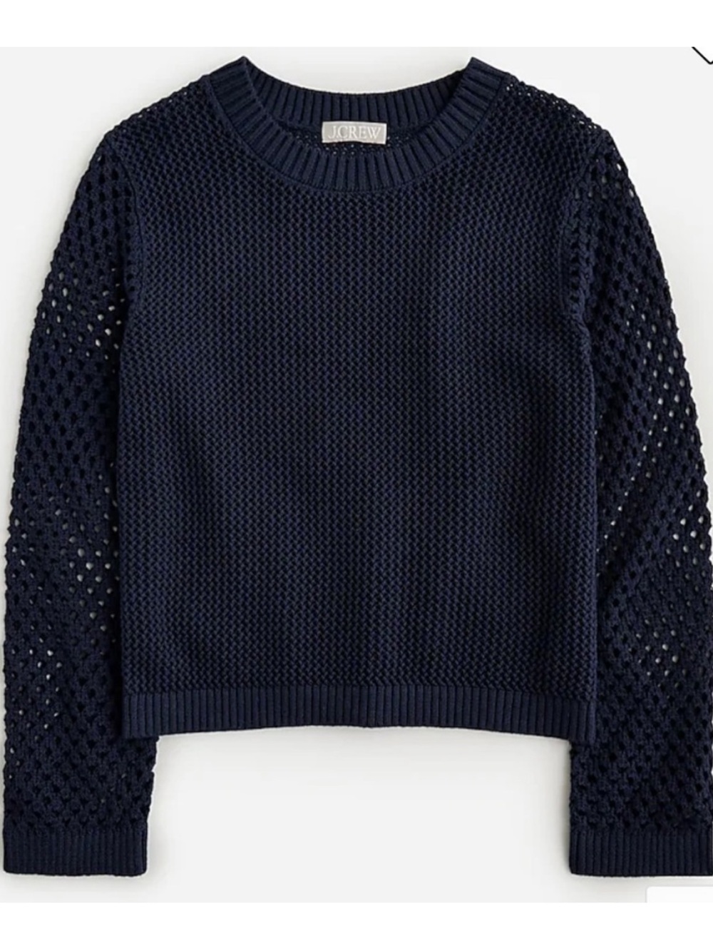 J.CREW crochet knit crewneck open weave beach sweater cotton navy blue size L